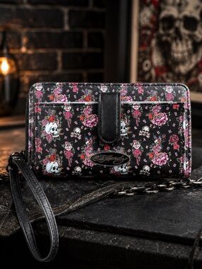 Ed Hardy Skull & Rose Print Zip-Around Wristlet Wallet | Black | Y2K